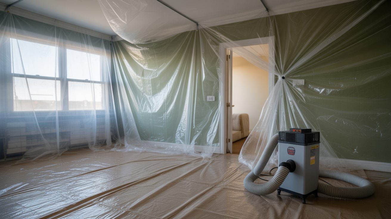 Containment sheeting and an air scrubber staged for a mold job in Winston-Salem