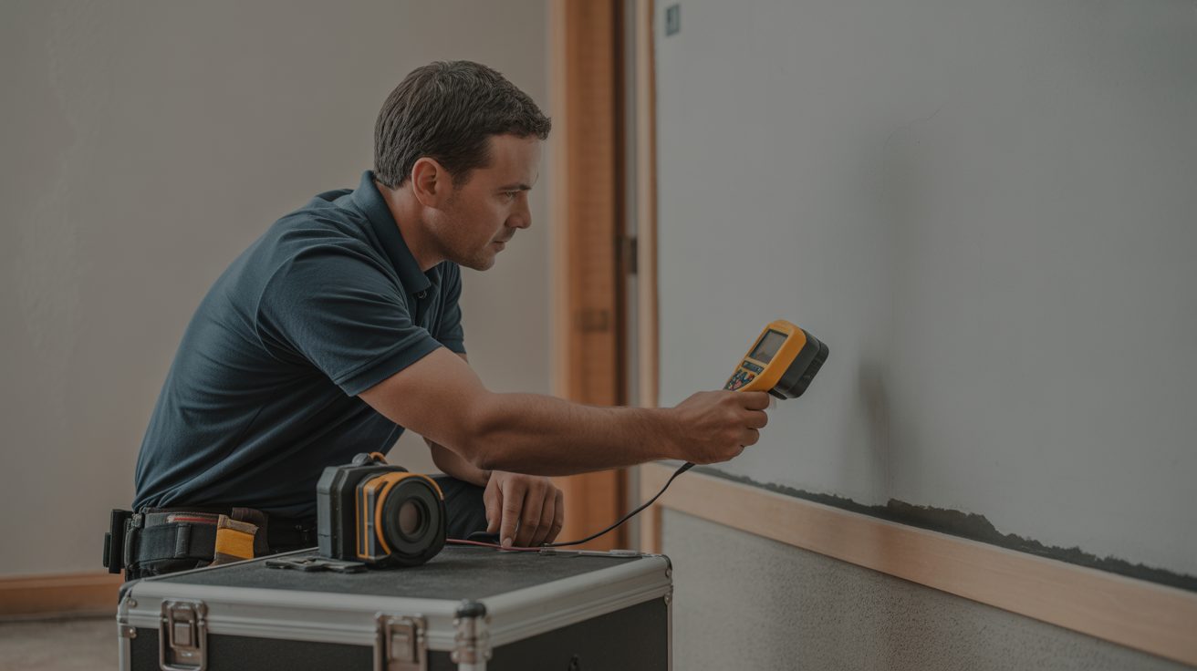 Technician taking a moisture-meter reading on a wall in Winston-Salem
